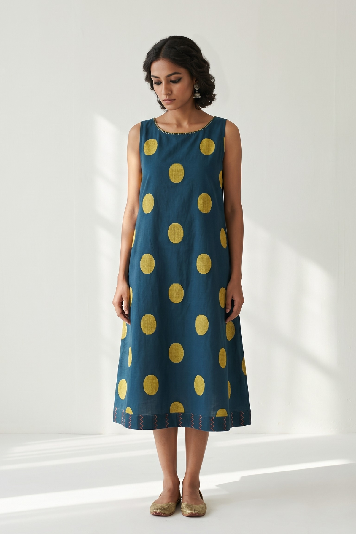 Teal Sunshine Dots Cotton Round Neck Sleeveless Dress Mc