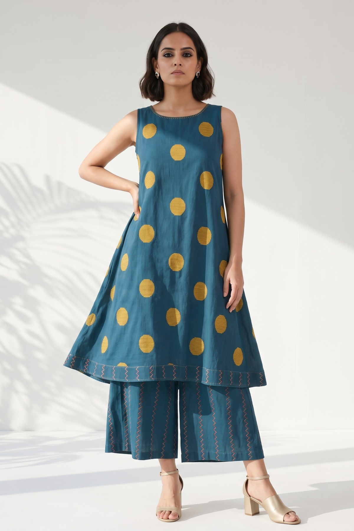 Teal Sunshine Dots Cotton Round Neck Sleeveless Dress Mc