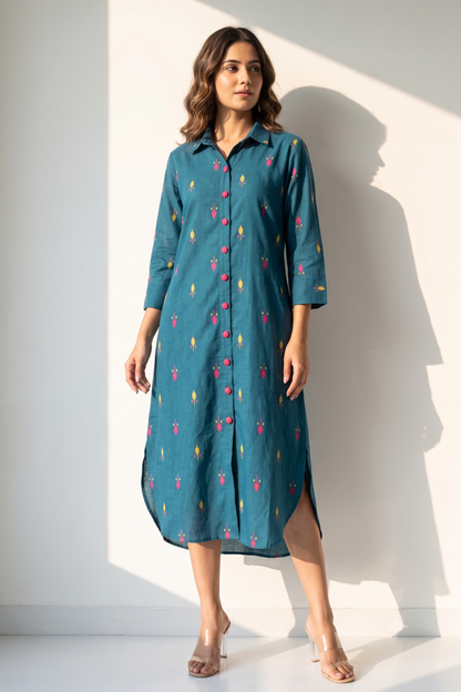 Teal Tropics Leaf Long Cotton Shirt Dress Mc