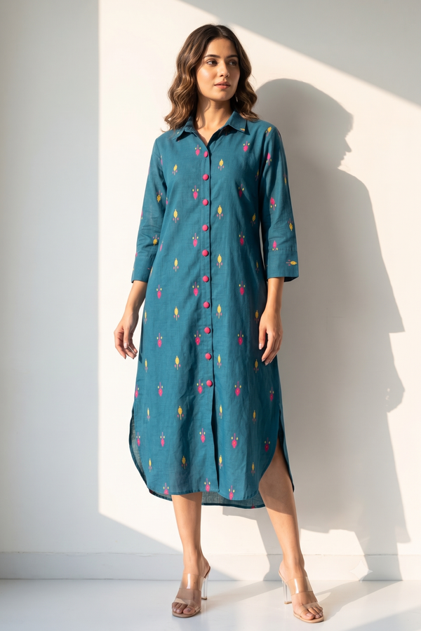 Teal Tropics Leaf Long Cotton Shirt Dress Mc