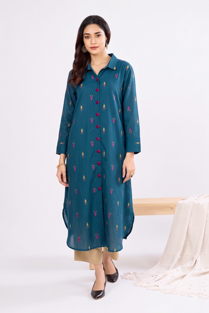 Teal Tropics Leaf Long Cotton Shirt Dress Mc