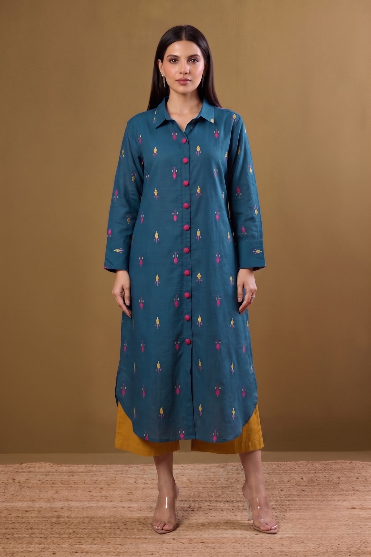 Teal Tropics Leaf Long Cotton Shirt Dress Mc
