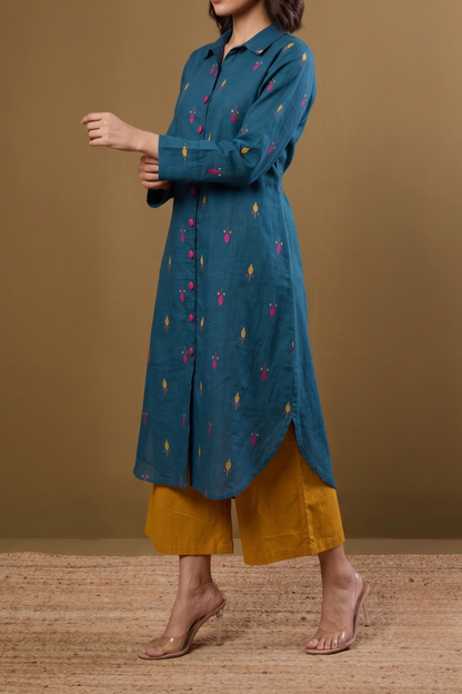 Teal Tropics Leaf Long Cotton Shirt Dress Mc