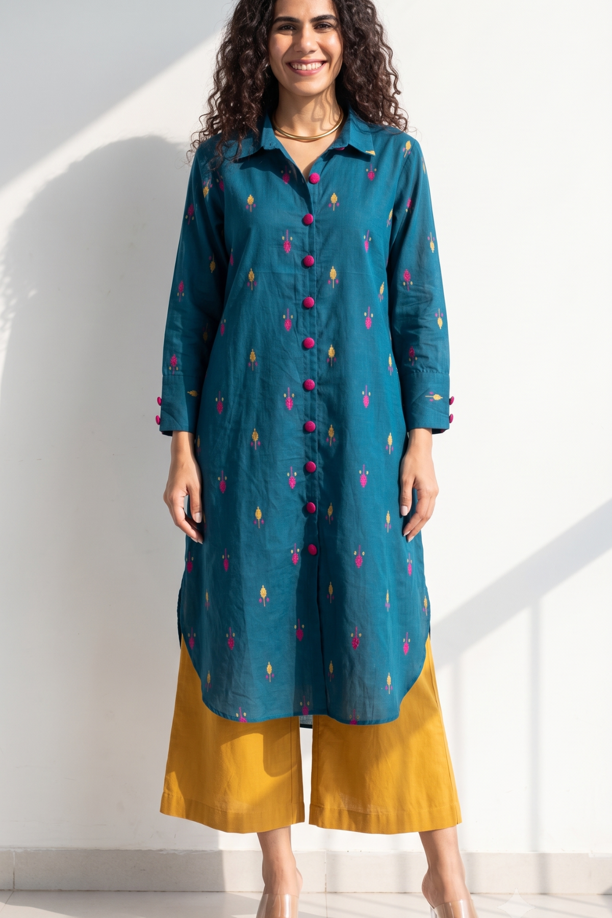 Teal Tropics Leaf Long Cotton Shirt Dress Mc