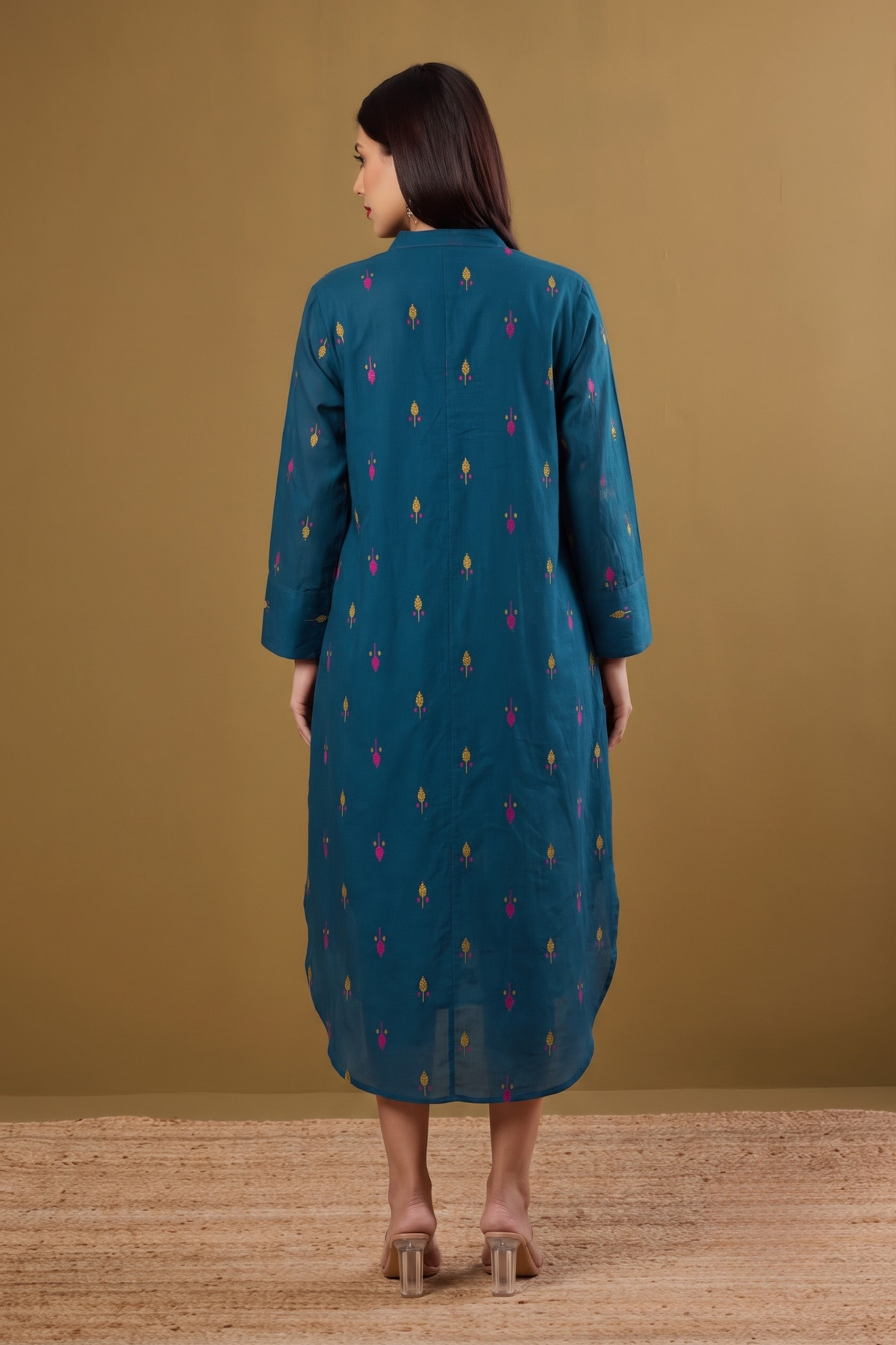 Teal Tropics Leaf Long Cotton Shirt Dress Mc