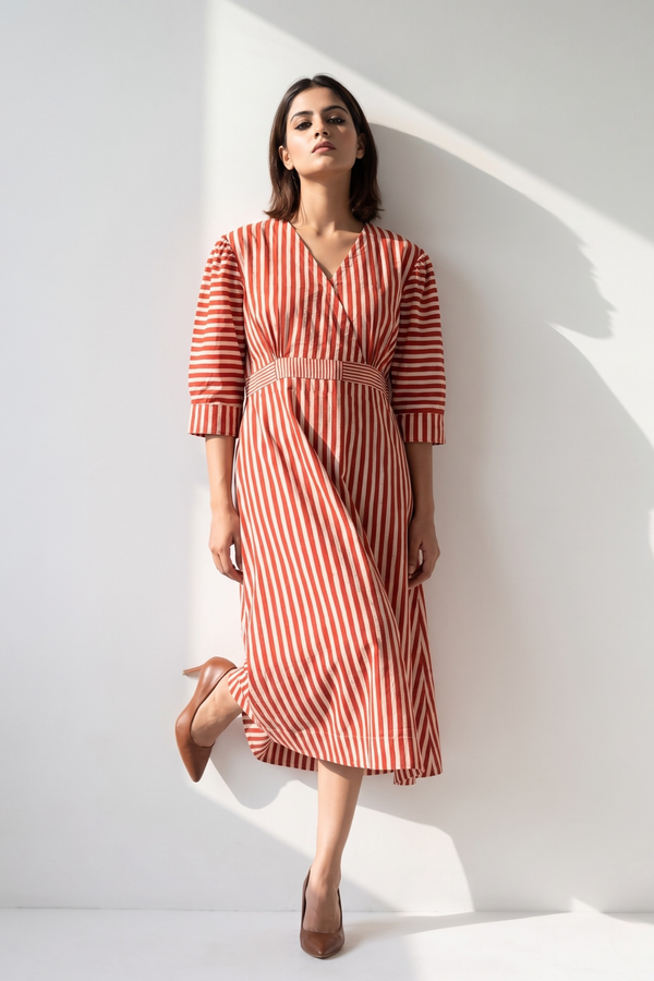 Terracotta Stripe Weave Cotton Overlap Dress With Puffed Sleeve