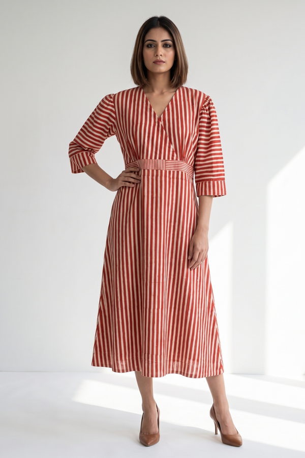Terracotta Stripe Weave Cotton Overlap Dress With Puffed Sleeve