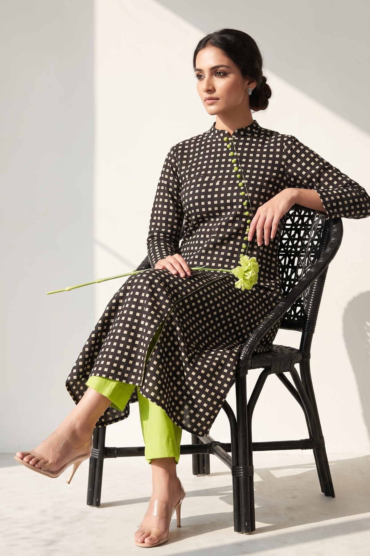 The Checkerboard Edit Cotton Cross Potli Angrakha Kurta Mc