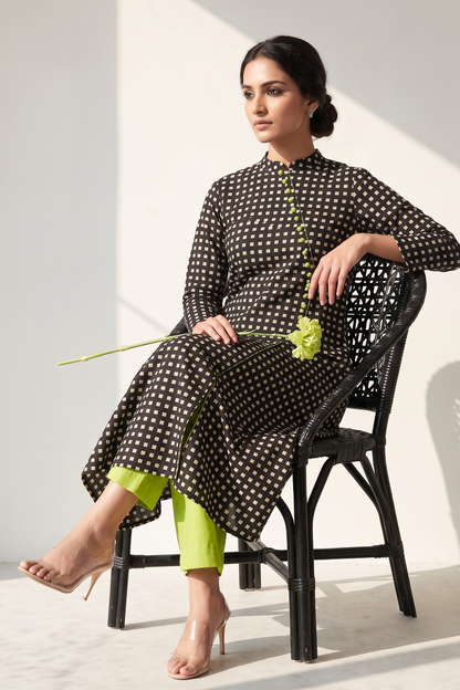 The Checkerboard Edit Cotton Cross Potli Angrakha Kurta Mc