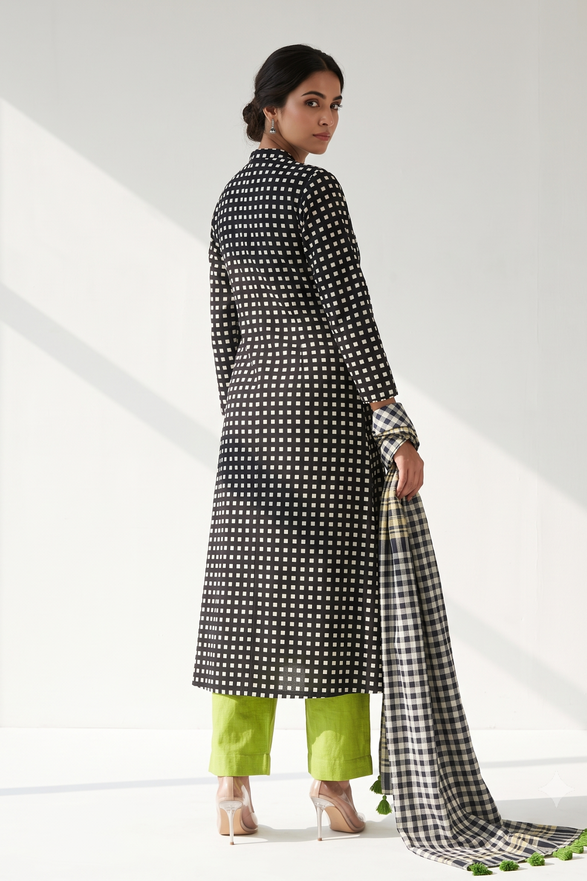 The Checkerboard Edit Cotton Cross Potli Angrakha Kurta Mc
