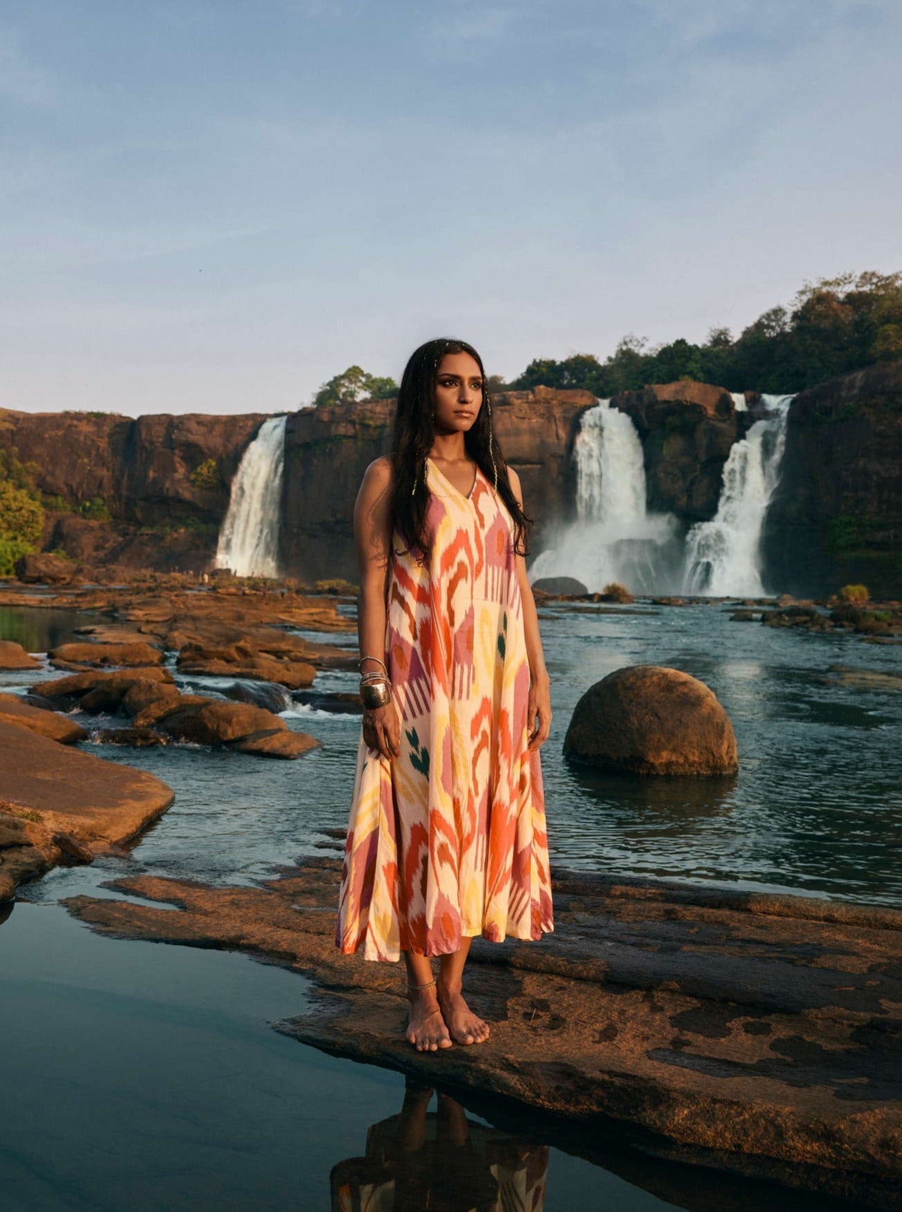 trueBrowns Pink Cotton Ikat Sleeveless Dress