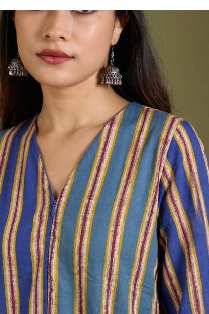 Twin Shaded Bands Teal Blue Front Zipper A-Line Cotton Kurta Top Mc