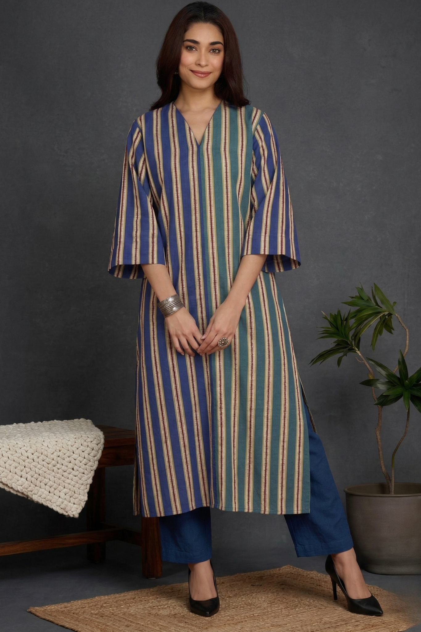 Twin Shaded Bands Teal Blue Front Zipper A-Line Cotton Kurta Top Mc