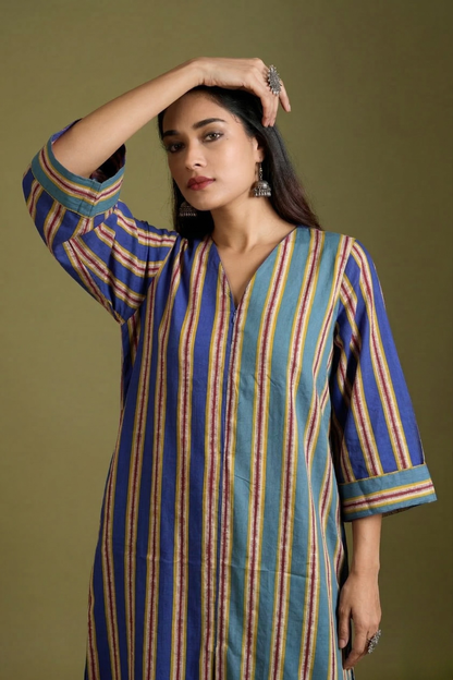 Twin Shaded Bands Teal Blue Front Zipper A-Line Cotton Kurta Top Mc