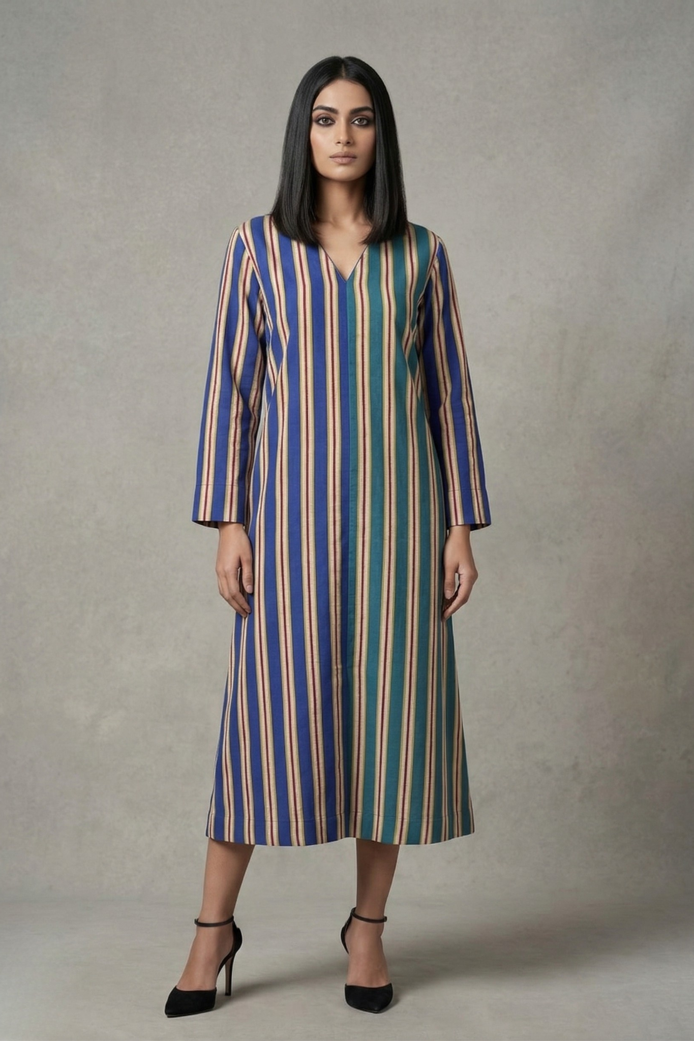 Twin Shaded Bands Teal Blue Front Zipper A-Line Cotton Kurta Top Mc