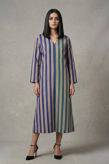 Twin Shaded Bands Teal Blue Front Zipper A-Line Cotton Kurta Top Mc