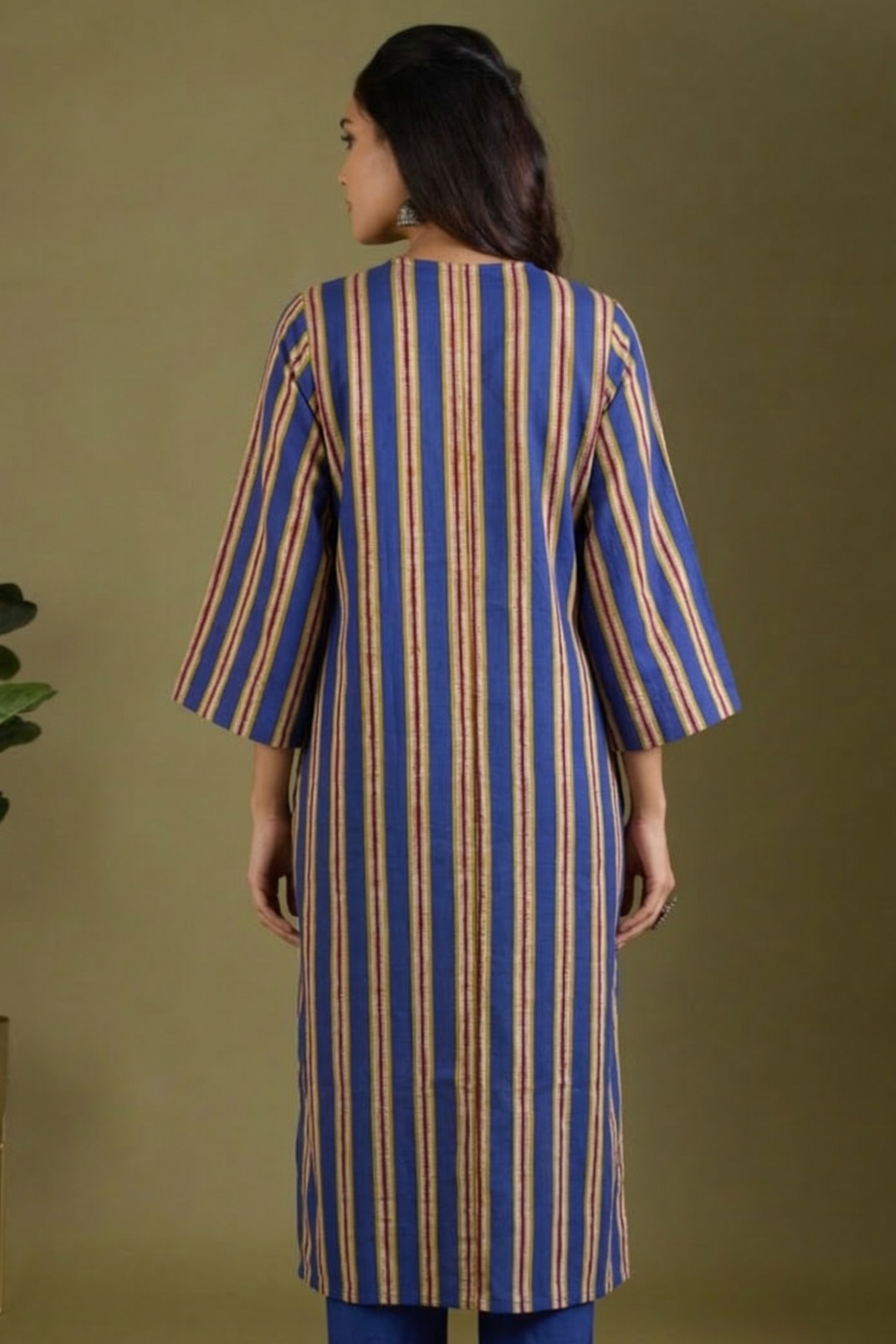 Twin Shaded Bands Teal Blue Front Zipper A-Line Cotton Kurta Top Mc
