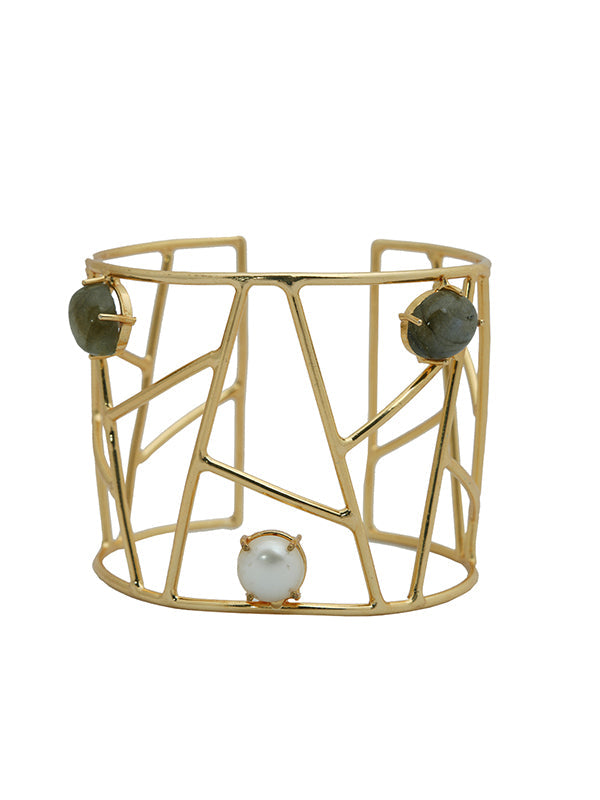 Gold Brass Expanded Bracelet with Pearls