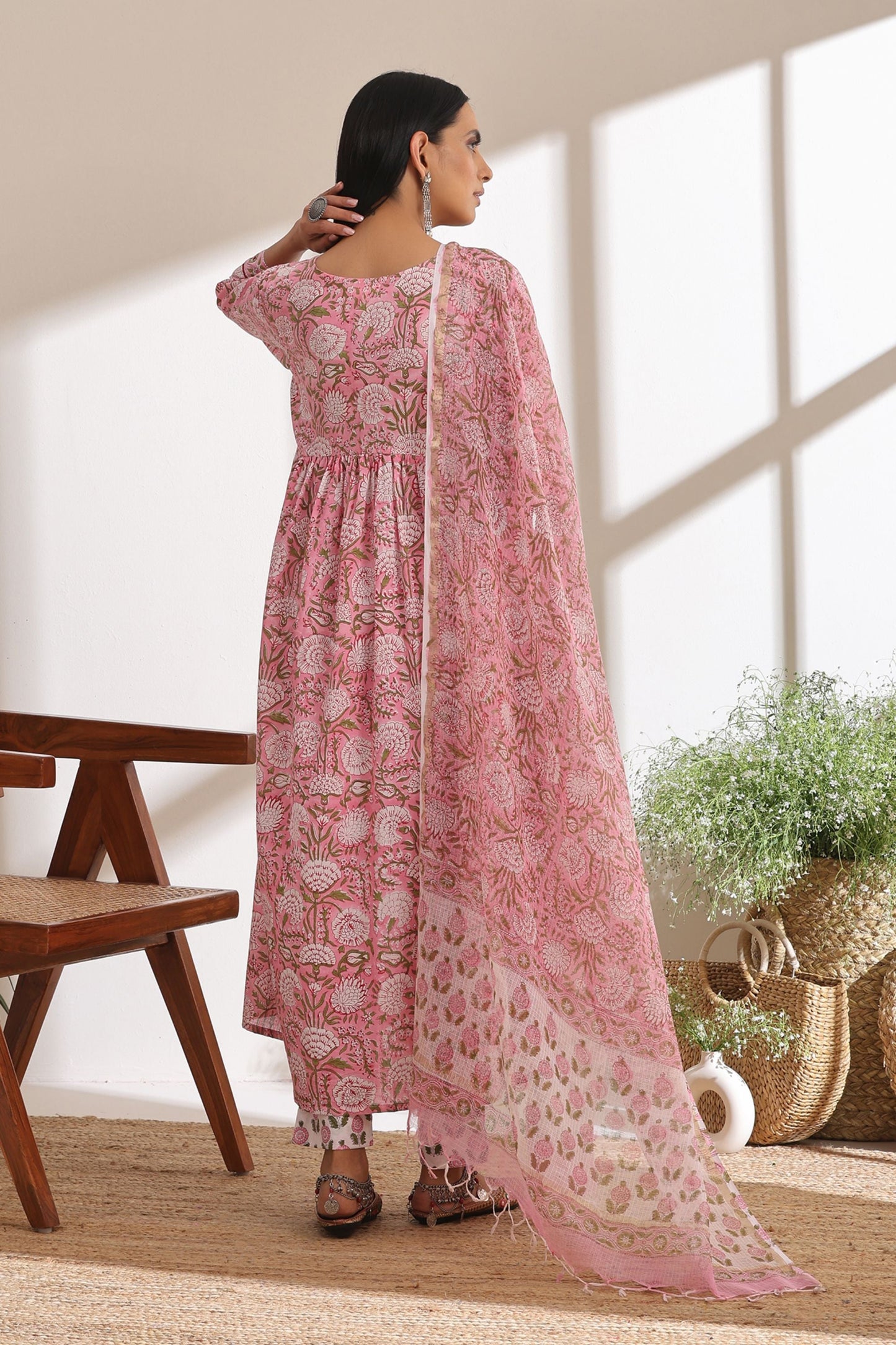 Murraya Primrose Pink Gathered Mirrorwork Kurta Set of 3