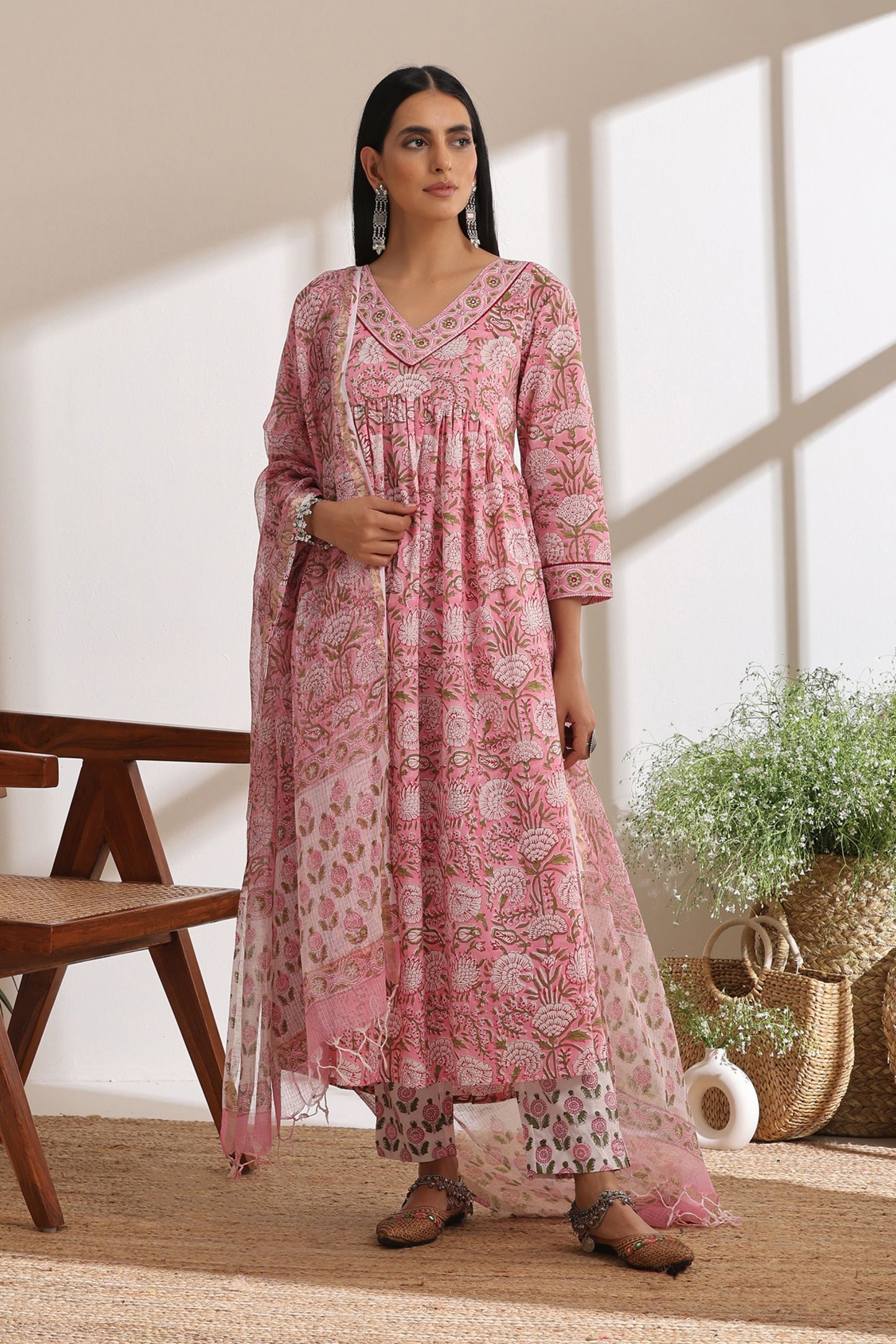 Murraya Primrose Pink Gathered Mirrorwork Kurta Set of 3