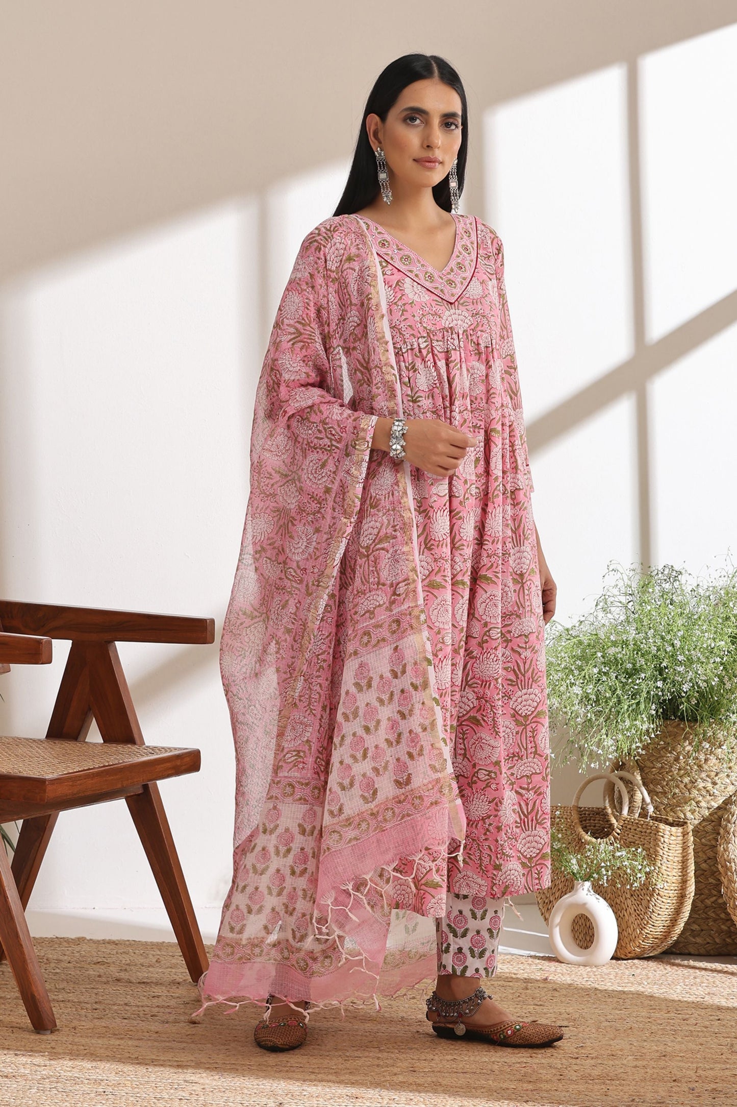 Murraya Primrose Pink Gathered Mirrorwork Kurta Set of 3