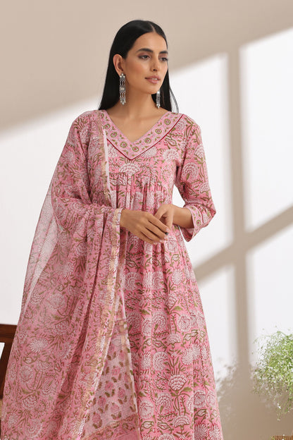 Murraya Primrose Pink Gathered Mirrorwork Kurta Set of 3