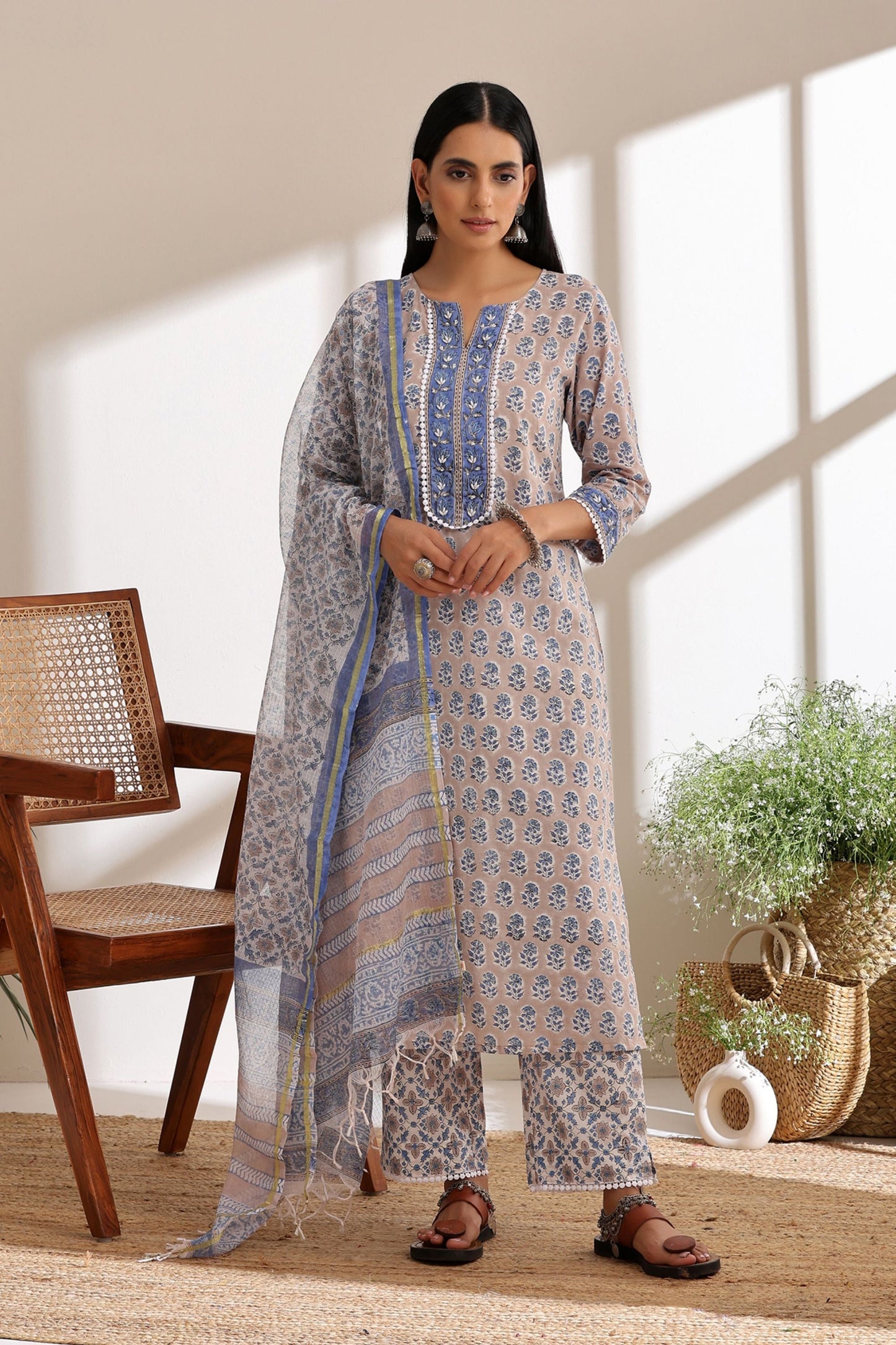 Murraya Ash Grey Pearl Embroidered Kurta Set of 3