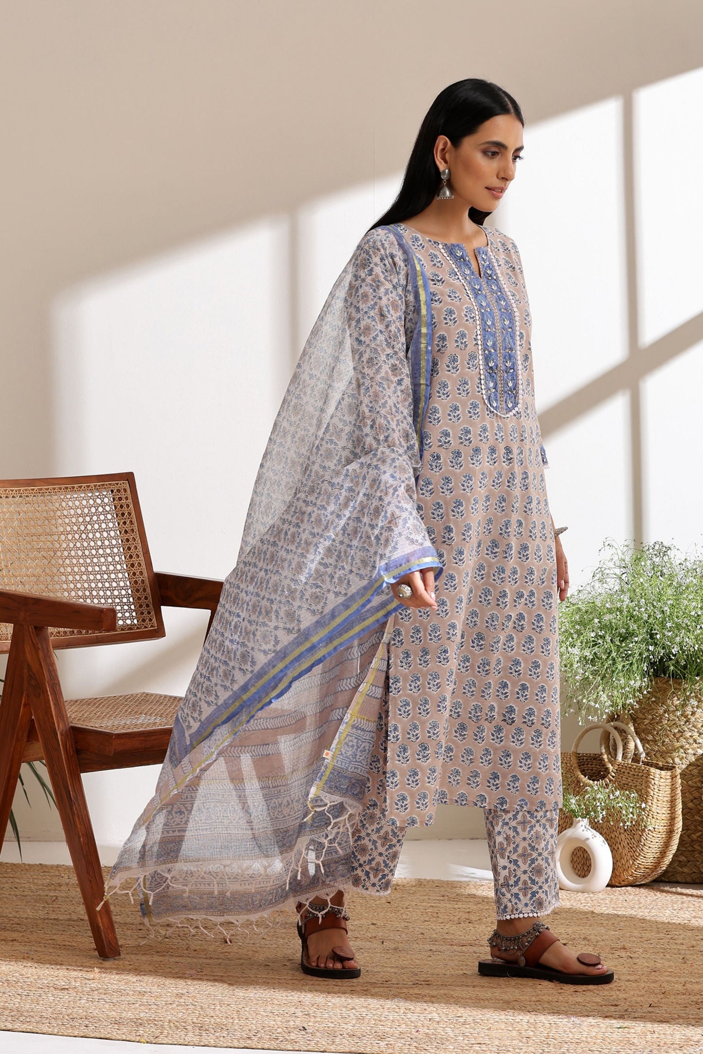 Murraya Ash Grey Pearl Embroidered Kurta Set of 3