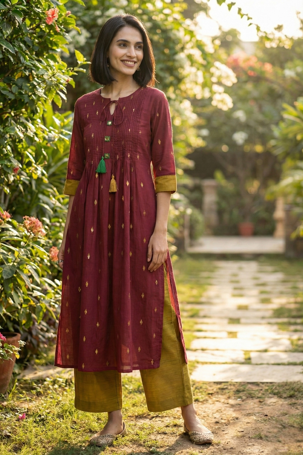 Garnet Gilt Pintuck Long Slit Kurta