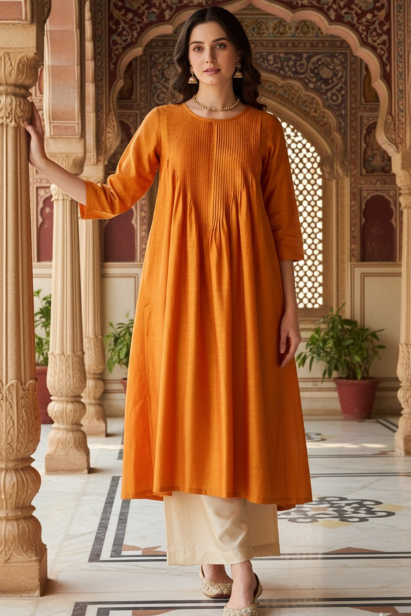 Maati Craft Gulabi Marigold Mist Cotton Silk Slub Luxe Kurta With Pintuck
