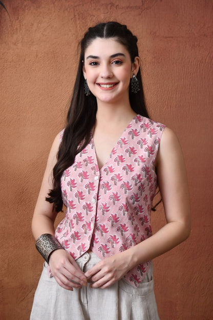 Pink Block Print Waist Coat