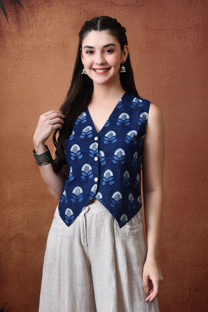 Indigo Block Print Waist Coat