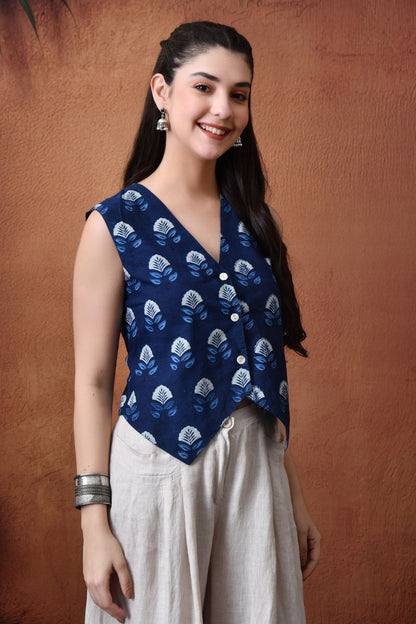 Indigo Block Print Waist Coat