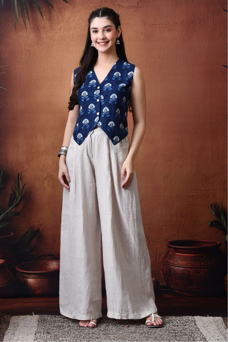 Indigo Block Print Waist Coat