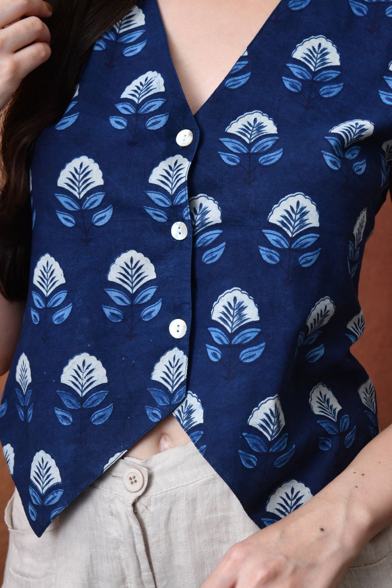 Indigo Block Print Waist Coat