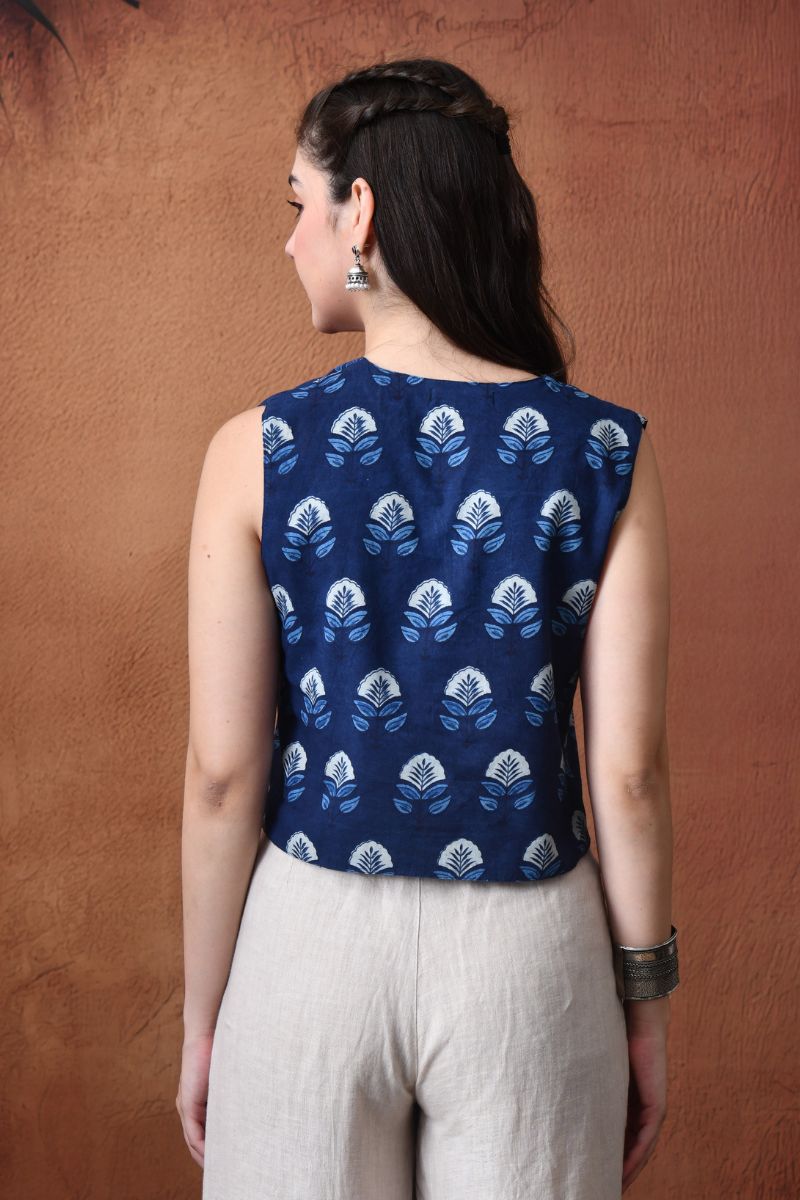 Indigo Block Print Waist Coat