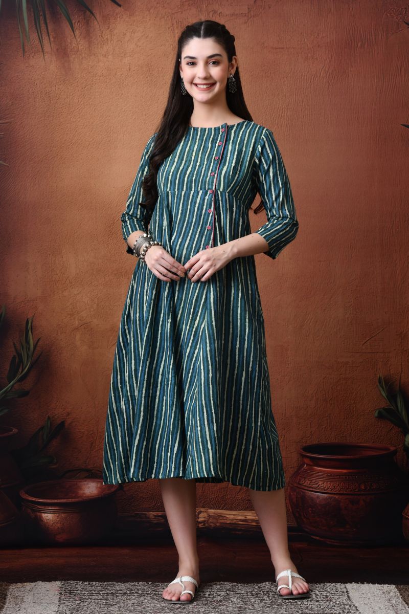 Green Block Print Angrakha Dress