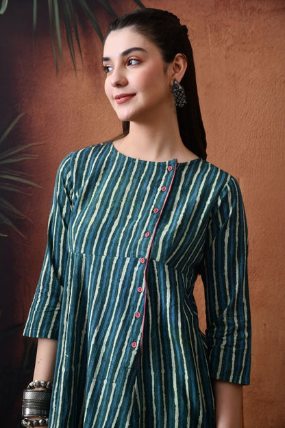 Green Block Print Angrakha Dress