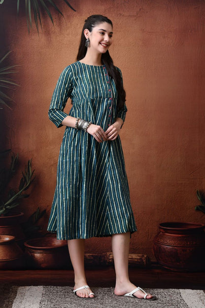 Green Block Print Angrakha Dress