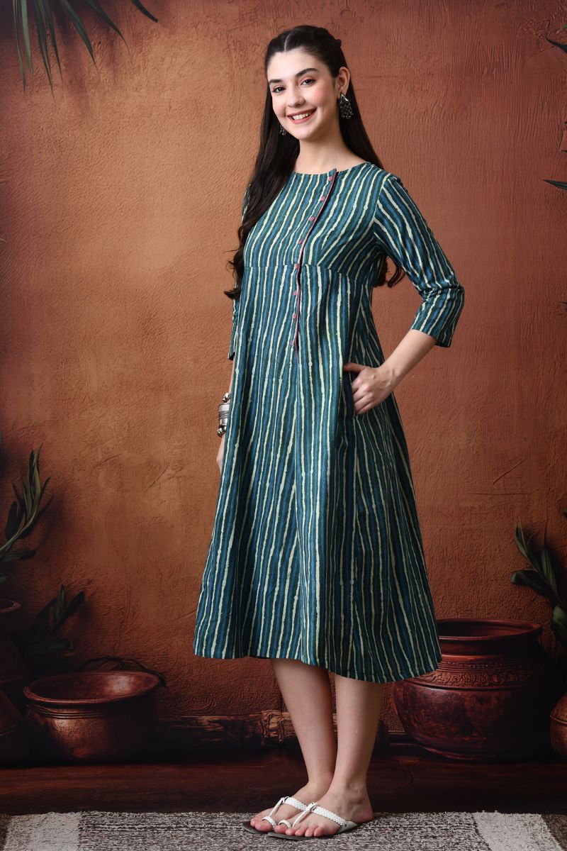 Green Block Print Angrakha Dress