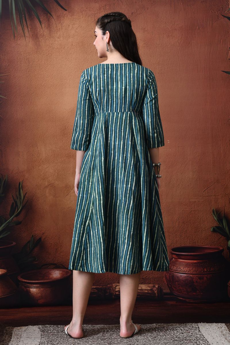 Green Block Print Angrakha Dress