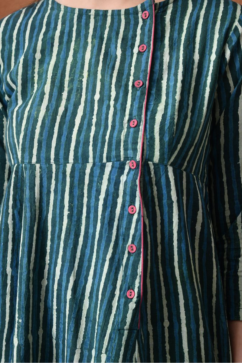 Green Block Print Angrakha Dress