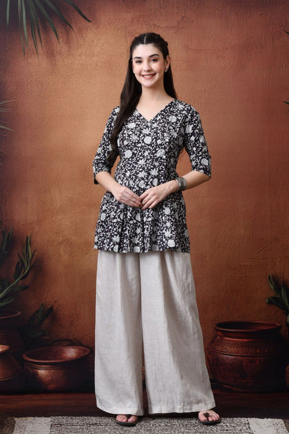 Black Floral Hand Block Wrap Top