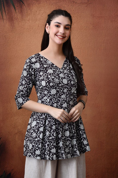 Black Floral Hand Block Wrap Top