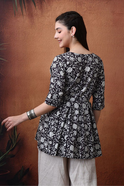 Black Floral Hand Block Wrap Top