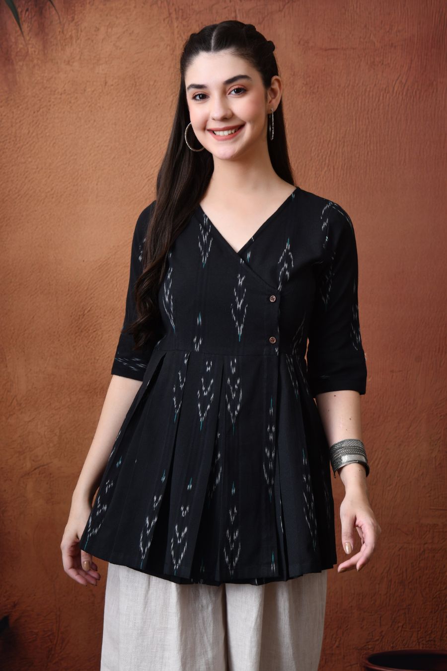 Black Ikat Wrap Top