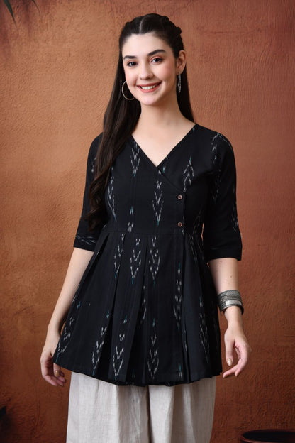 Black Ikat Wrap Top