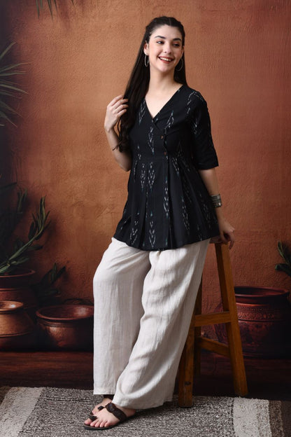 Black Ikat Wrap Top