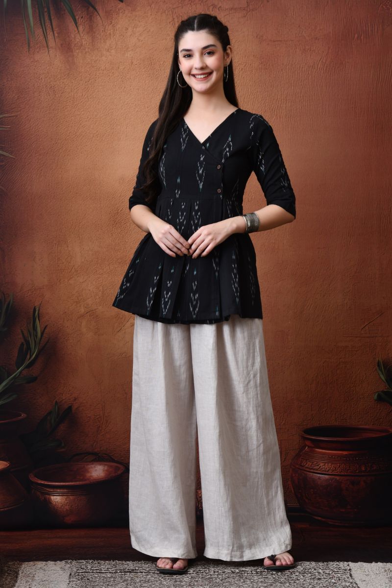 Black Ikat Wrap Top