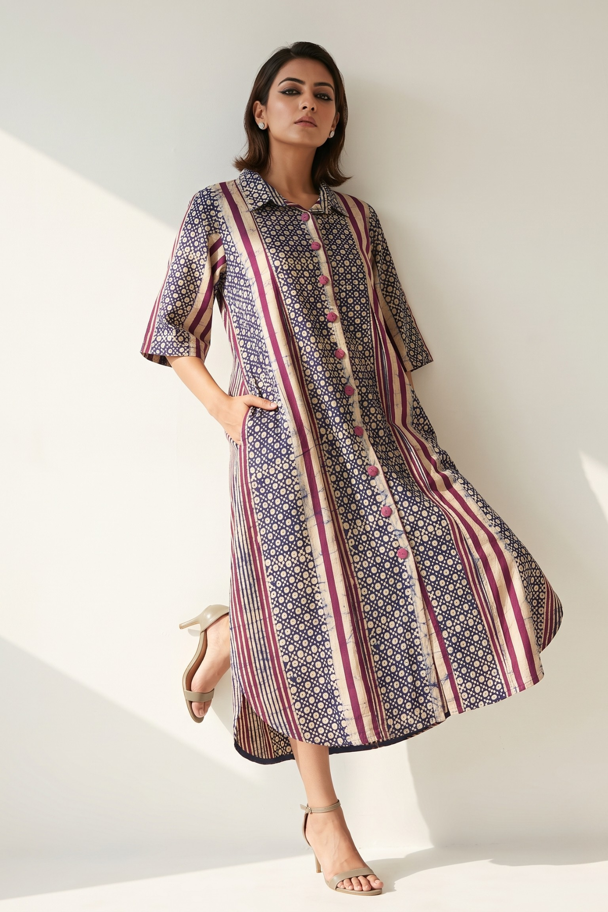 Violet Line Dots Pattern Batik Cotton Box Pleat Button Down Shirt Dress Mc